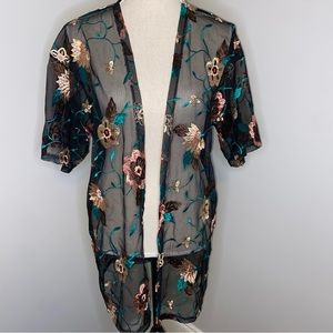 Glance black embroidered floral open front sheer mesh kimono robe size Large